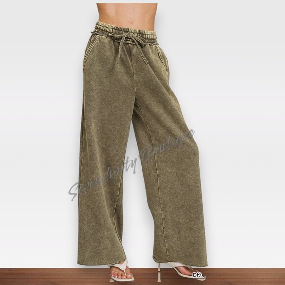Casual Everyday Cozy Wide Leg Elastic High Waist Mineral Wash Wide Leg Pants - Picture 1 of 8